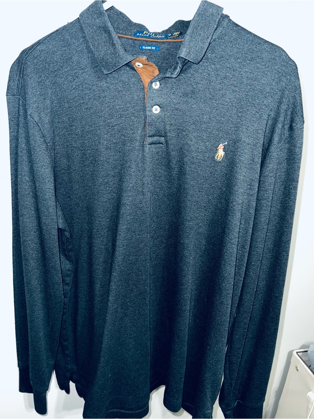 Polo by Ralph Lauren Long-Sleeve Heather Blue Polo with Tan Placket Detail